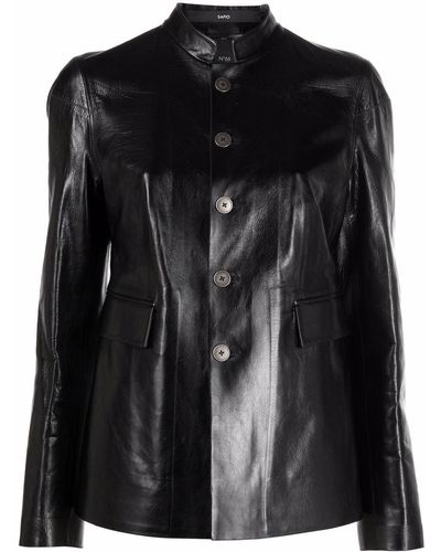 SAPIO Single-breasted Leather Jacket - Black