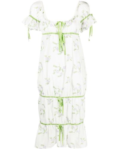 YUHAN WANG Floral-embroidered Drawstring Dress - White