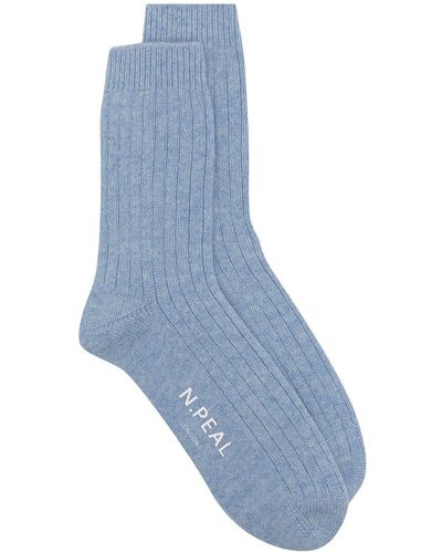 N.Peal Cashmere Ribbed Cashmere Socks - Blue