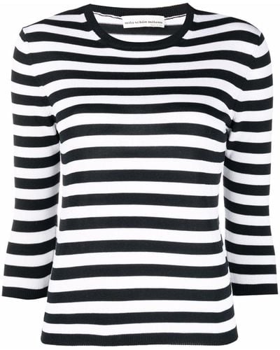 Mila Schon Striped Three-quarter Sleeve Sweater - Black