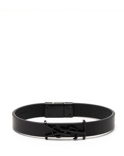 Saint Laurent Bracelet en cuir à plaque logo - Noir