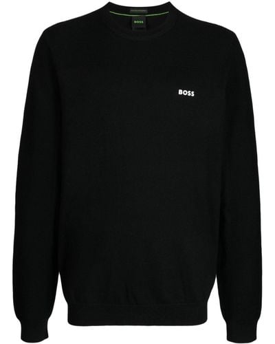 BOSS Gerippter Pullover mit Logo-Print - Schwarz
