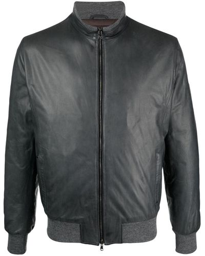 Barba High-neck Zipped Leather Jacket - Grey