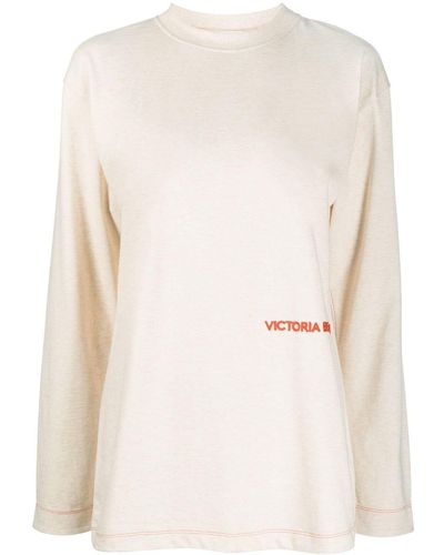 Victoria Beckham Logo-embroidered Long-sleeve T-shirt - Natural