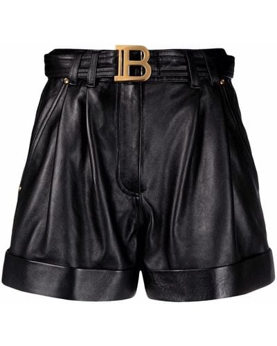 Balmain Logo-buckle Leather Shorts - Black