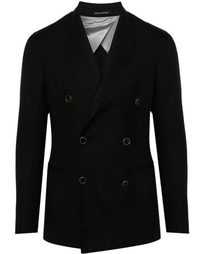 Emporio Armani Wool Doulbe-Breasted Blazer Jacket - Black