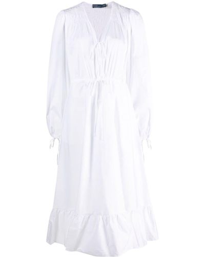 Polo Ralph Lauren Smocked Tie-detail Midi Dress - White