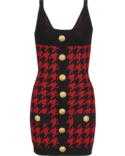 Balmain Houndstooth Fitted Dress - Red