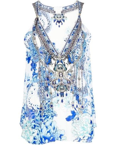 Camilla Dragon-print V-neck Blouse - Blue