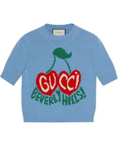 Gucci Beverly Hills Cherries Intarsia-knit Top - Blue
