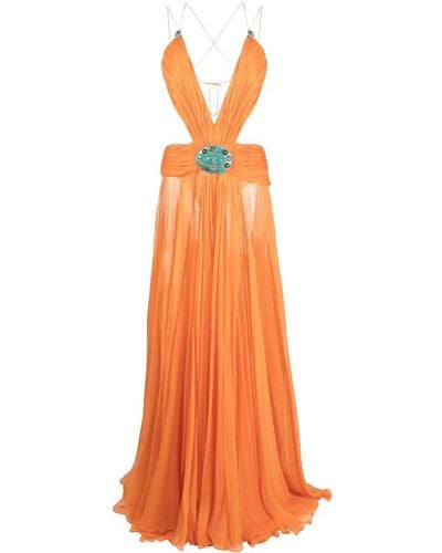Roberto Cavalli Pleated Silk V-neck Gown - Orange