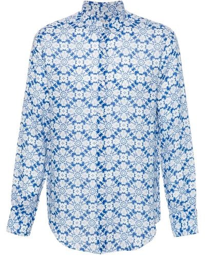 Peninsula Floral-print Linen Shirt - Blue