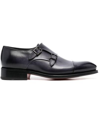 Santoni Double Strap Leather Monk Shoes - Black