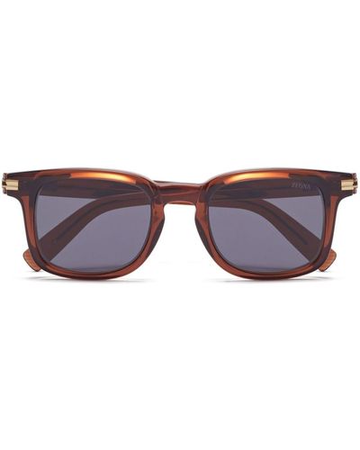 Zegna Lunettes de soleil rectangulaires à rayures - Marron