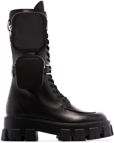 Prada Monolith Nylon Pocket-detailed Leather Combat Boots - Black