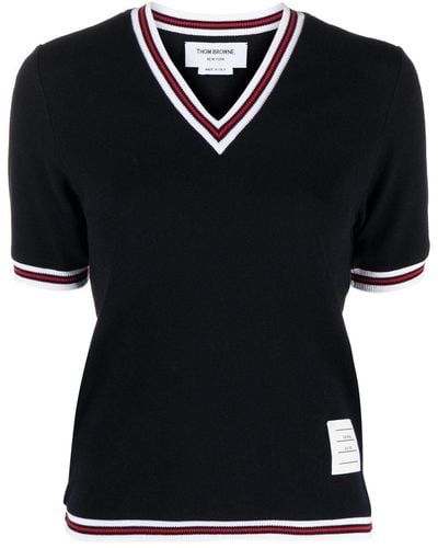 Thom Browne Cricket-stripe V-neck T-shirt - Black