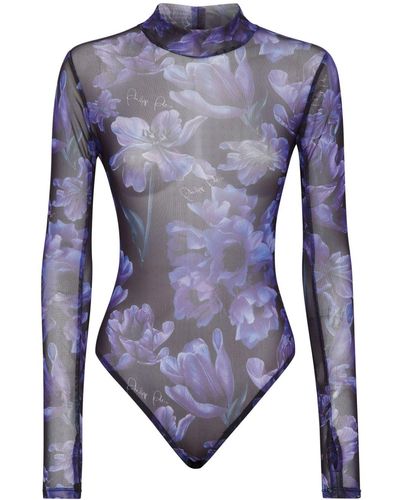 Philipp Plein Floral-print Long-sleeved Bodysuit - Blue