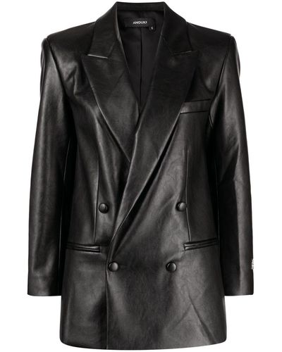 ANOUKI Double-breasted Faux-leather Blazer - Black