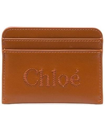 Chloé Embroidered-logo Leather Cardholder - Brown