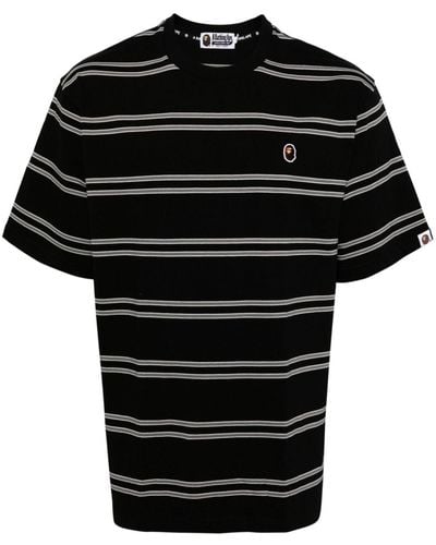 A Bathing Ape Striped Embroidered-logo Cotton T-shirt - Black
