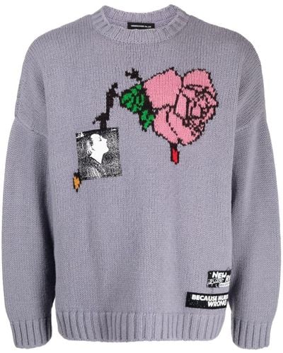 Undercover Rose-intarsia Wool Sweater - Grey