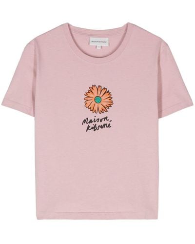 Maison Kitsuné Floating Flower-print Cotton T-shirt - Pink