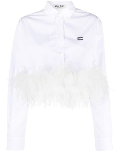 Miu Miu Cropped-Hemd aus Popeline mit Federn - Weiß