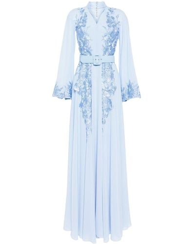 Saiid Kobeisy Floral-embroidered Beaded Kaftan Dress - Blue
