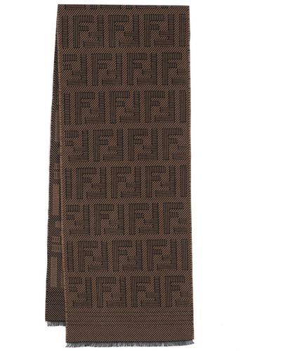 Fendi Ff Monogram-pattern Frayed Scarf - Brown