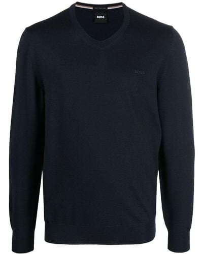 BOSS Logo-embroidered V-neck Sweater - Blue