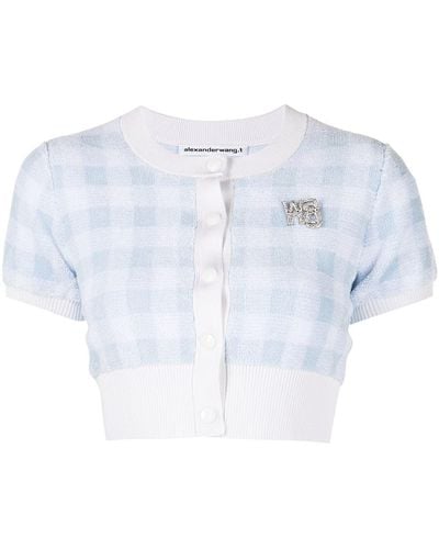 T By Alexander Wang Blue & White Cropped Gingham Cardigan