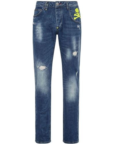 Philipp Plein Skull Paint-splatter Straight-leg Jeans - Blue