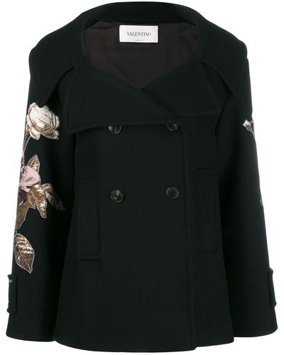Valentino Floral Embroidered Patch Sleeve Coat - Black