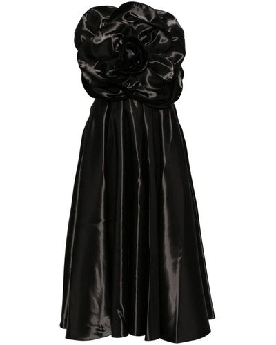 Nissa Floral-appliqué Flared Midi Dress - Black