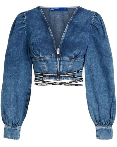 Karl Lagerfeld Blouse crop en jean à col v - Bleu