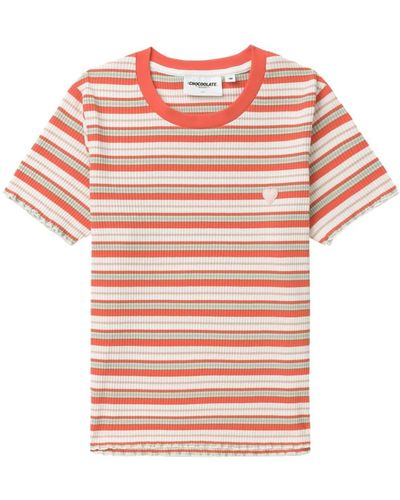 Chocoolate Striped Ribbed-knit T-shirt - Pink