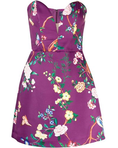 Marchesa Paradise Floral-print Satin Dress - Purple