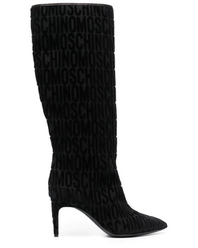 Moschino Devoré-logo-pattern Stilleto Boots - Black