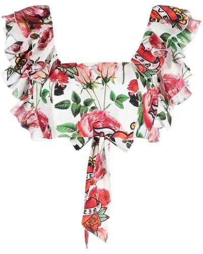 Philipp Plein Cropped Floral-print Blouse - Red