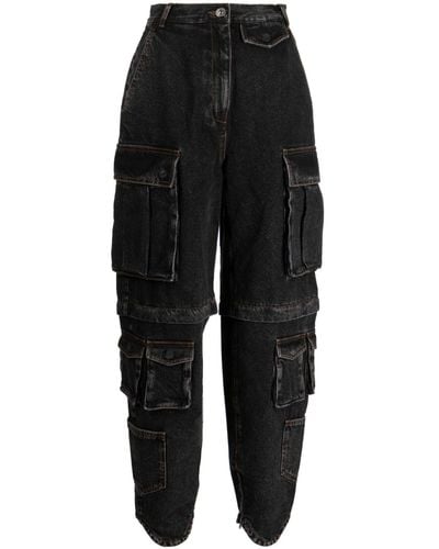 Pushbutton Cargo Wide-leg Jeans - Black