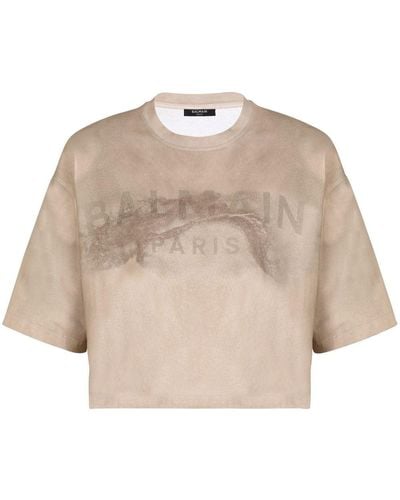 Balmain Eco-responsible Cropped Cotton T-shirt With Logo Print - Natural