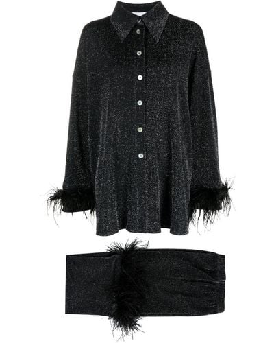Sleeper Cosmos Feather-trim Pajamas - Women's - Metallic Fibre/lycra/polyester/ostrich Feather - Black