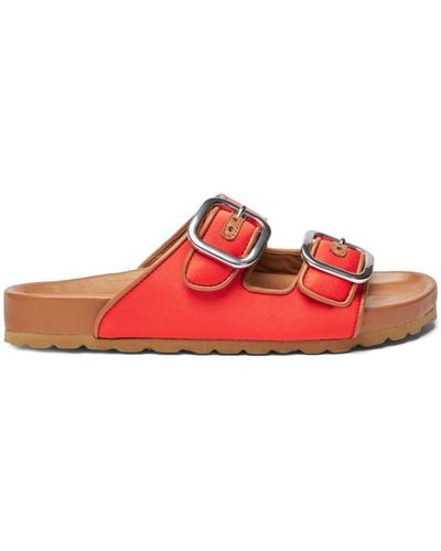 SCAROSSO Isa Double-buckle Leather Slides - Red