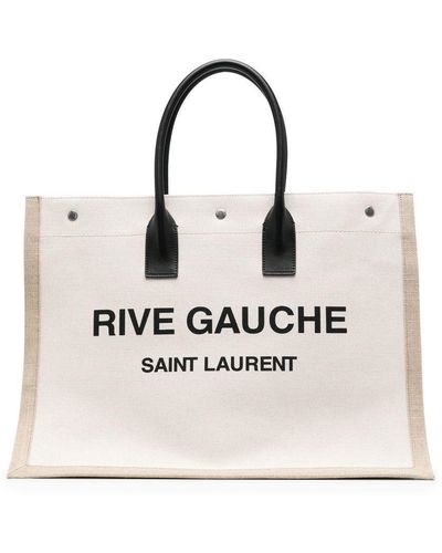 Saint Laurent Rive Gauche Kleine Tote Aus Canvas Mit Print Und Lederbesätzen - Natur