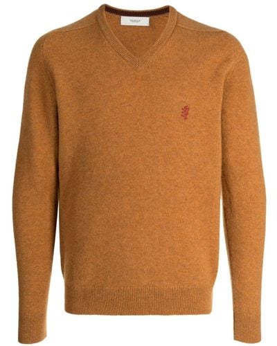 Pringle of Scotland Embroidered-logo V-neck Sweater - Brown