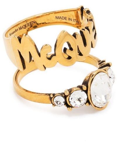 Alexander McQueen Graffiti-logo Double-band Ring - Metallic