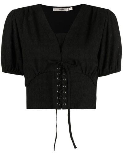 B+ AB Ruched Lace-up Blouse - Black