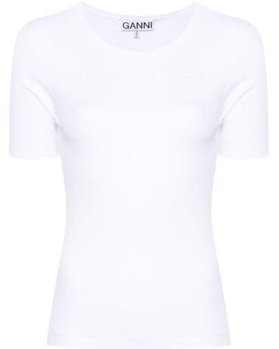 Ganni Geripptes T-Shirt mit Logo-Stickerei - Weiß