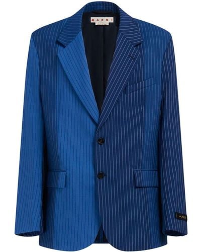 Marni Two-Tone Pinstriped Wool Blazer - Blue