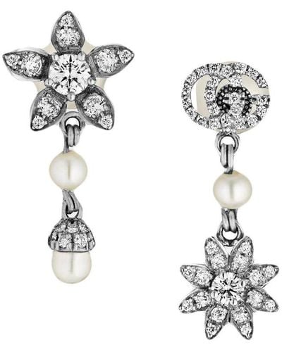 Gucci Flower And Double G Earrings With Diamonds - White